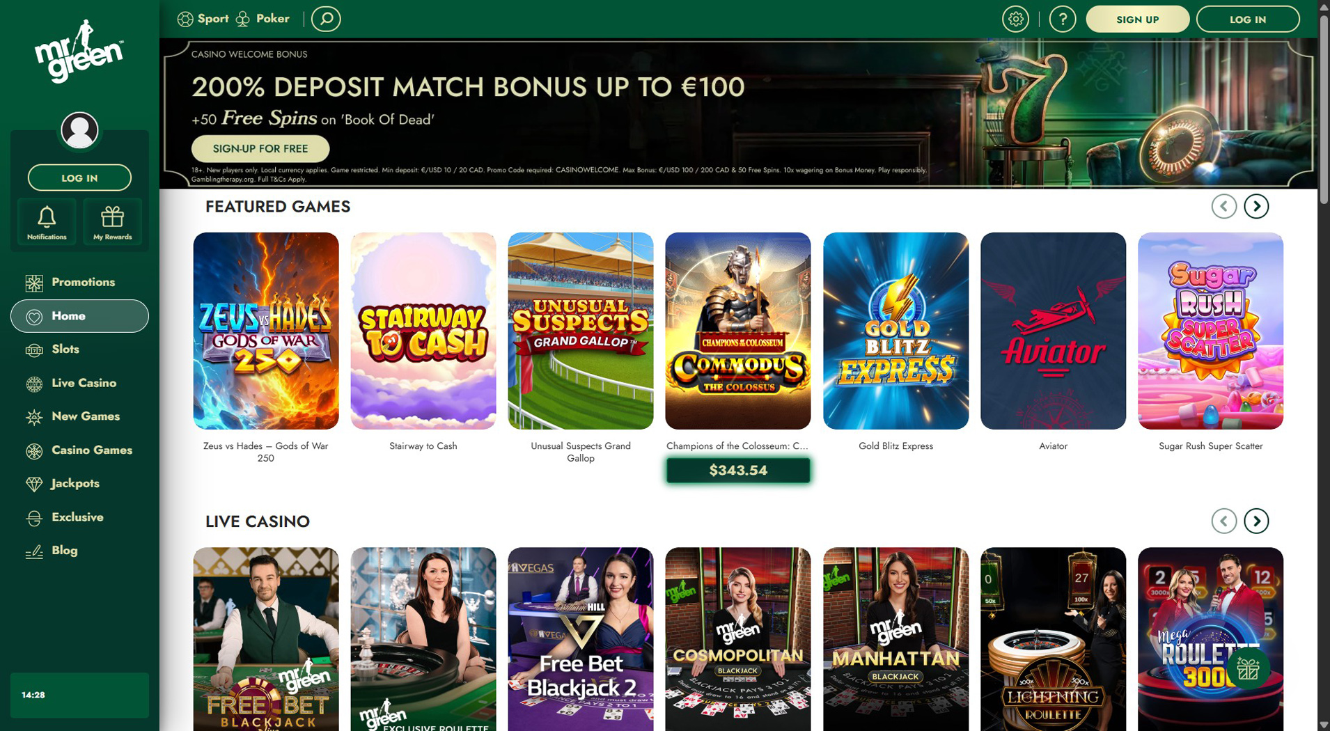 8. Mr Green- Beliebter Sofort Casino Bonus